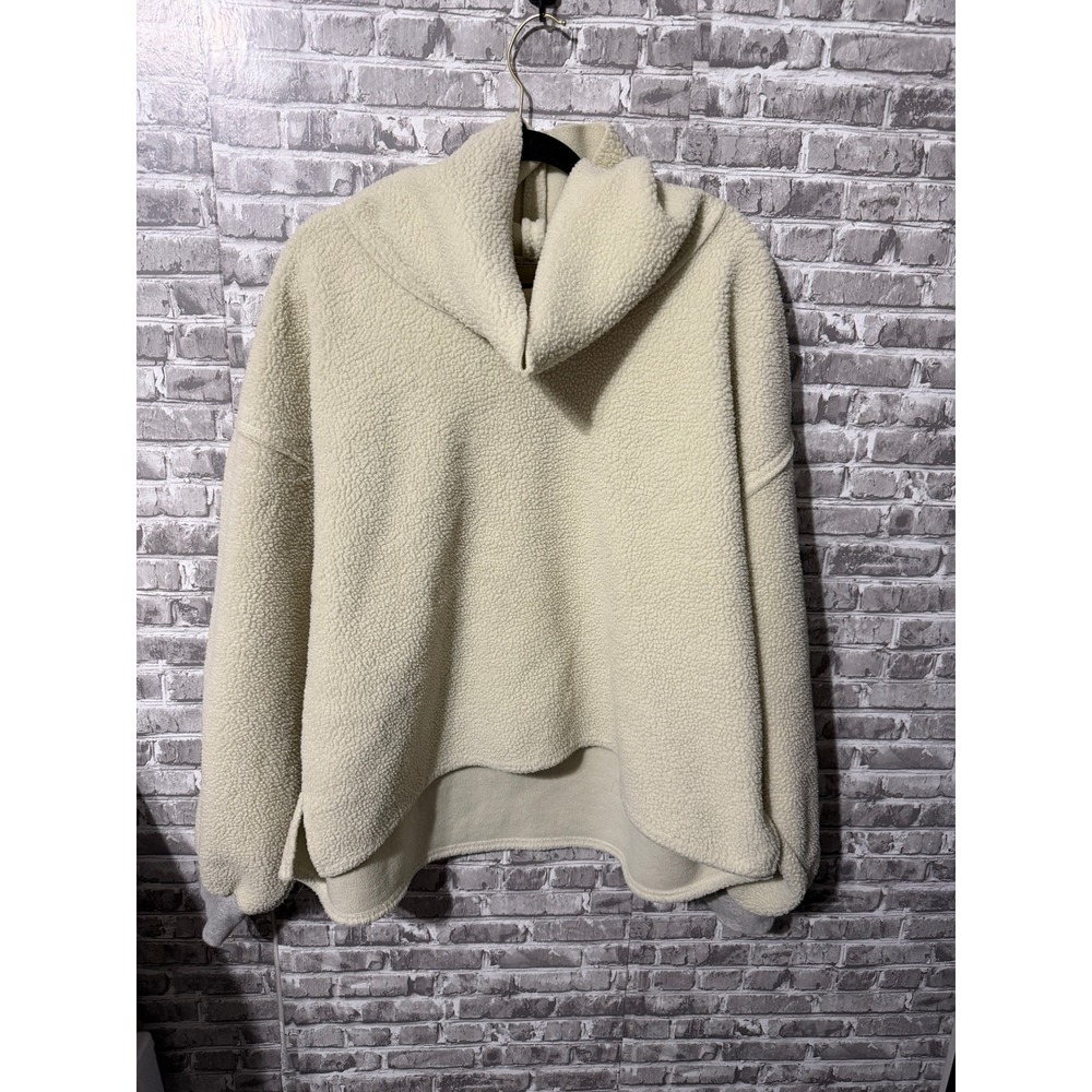 We The Free People Cream Sherpa Fleece Pullover Hoodie Large Cream Grey Cuffs